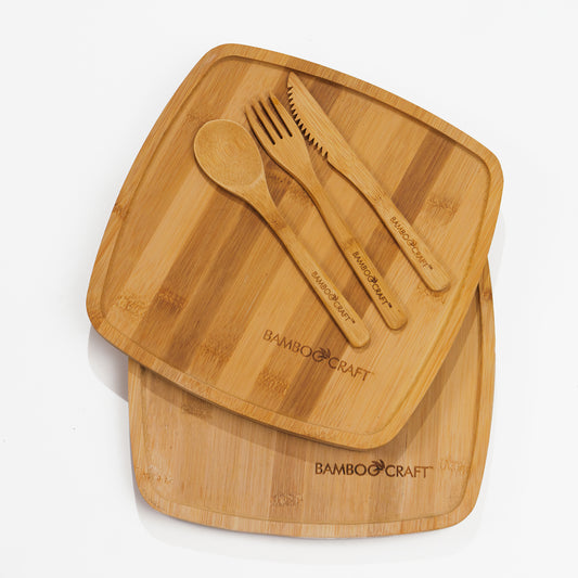 2 Piece Set Premium Finished Bamboo Dinner Plates + Cutlery Set
